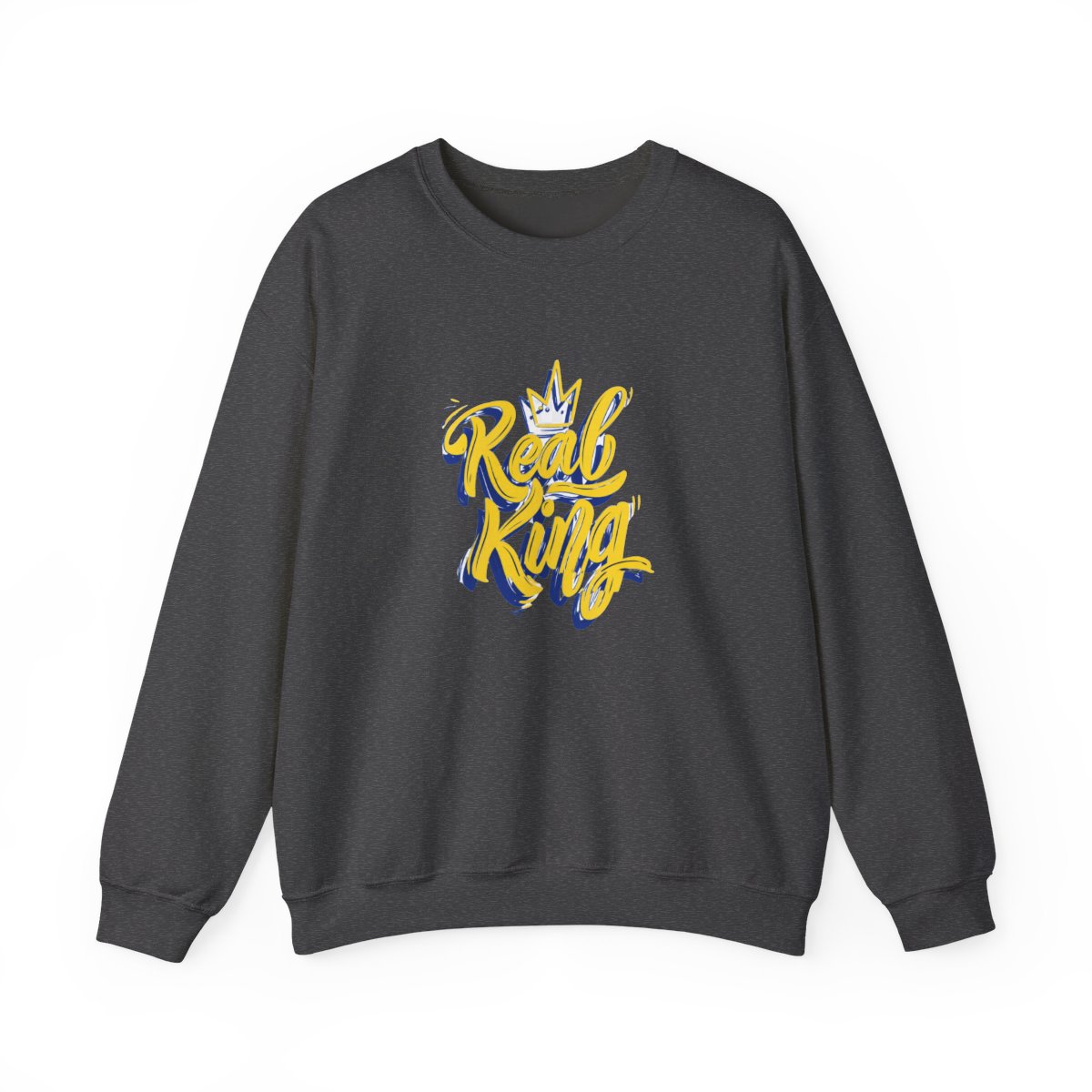 A light blue with the words "Real King" in yellow script and a blue outline, along with a yellow crown graphic. The shirt is a crew neck style - alternate angle 3, merchandise