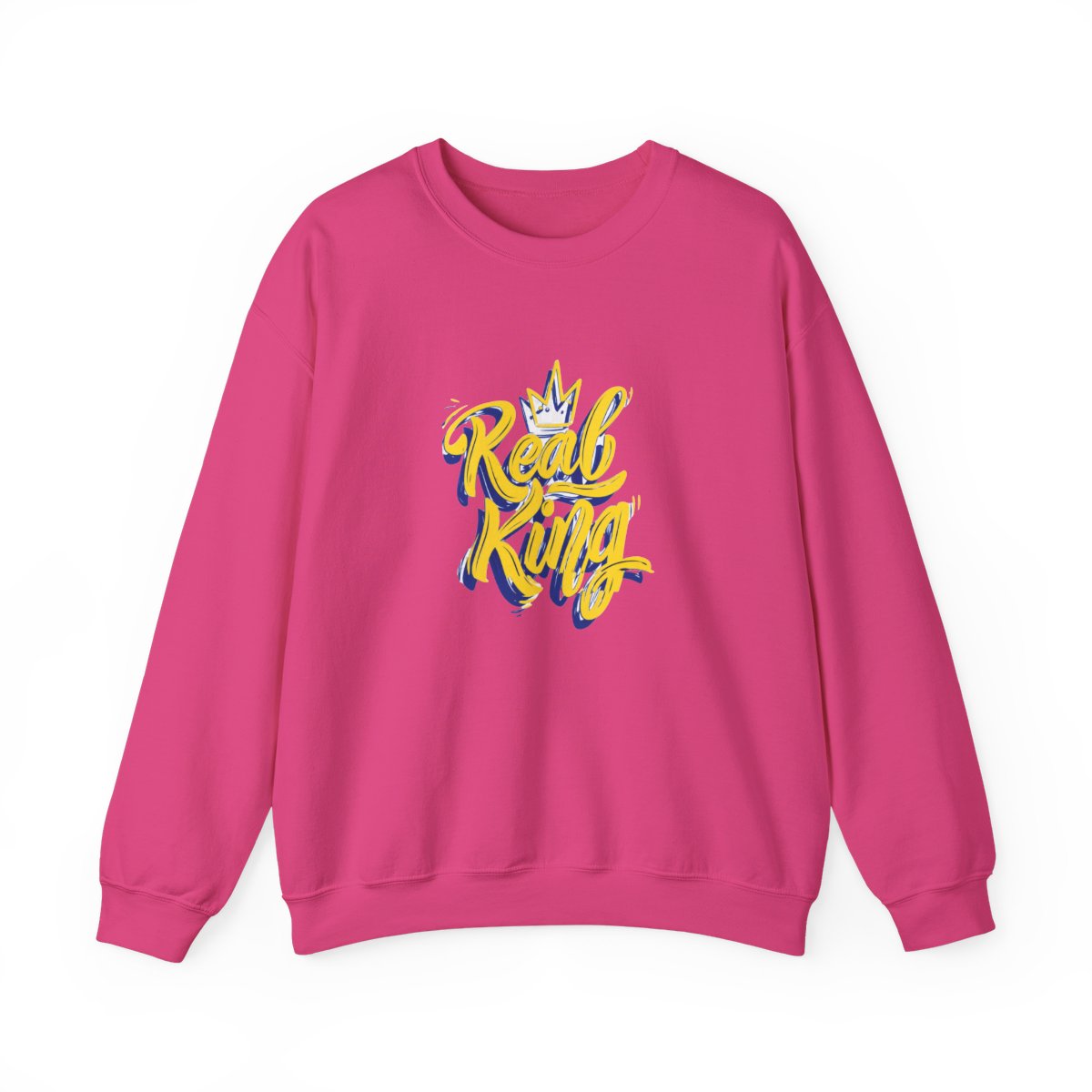 A light blue with the words "Real King" in yellow script and a blue outline, along with a yellow crown graphic. The shirt is a crew neck style - alternate angle 2, merchandise