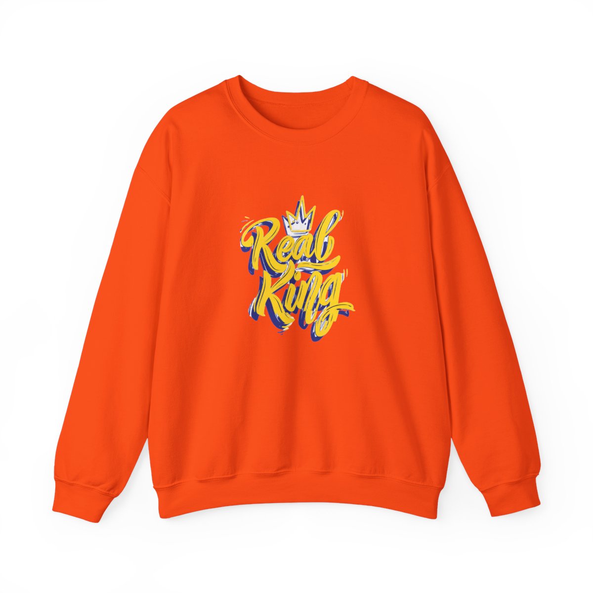A light blue with the words "Real King" in yellow script and a blue outline, along with a yellow crown graphic. The shirt is a crew neck style - alternate angle 4, merchandise