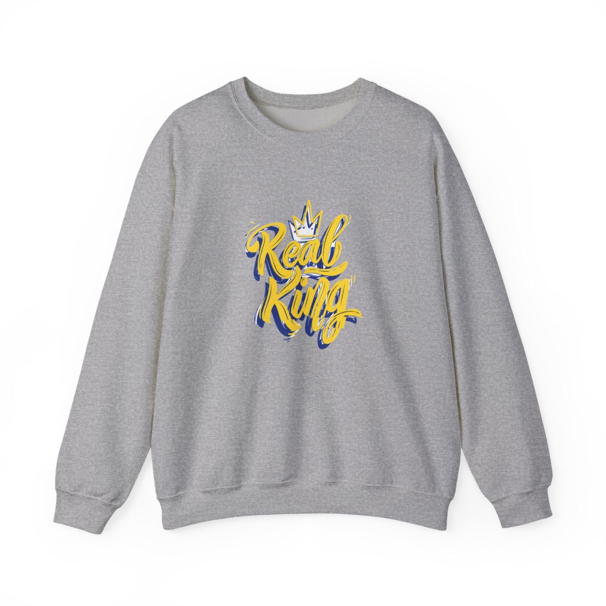 A light blue with the words "Real King" in yellow script and a blue outline, along with a yellow crown graphic. The shirt is a crew neck style