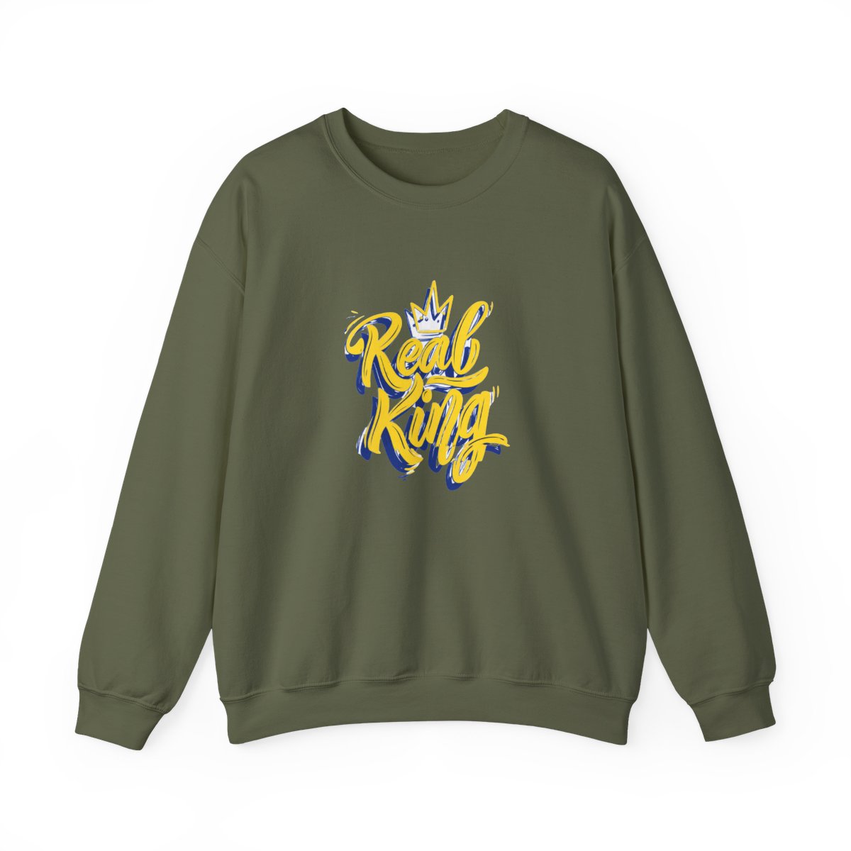 A light blue with the words "Real King" in yellow script and a blue outline, along with a yellow crown graphic. The shirt is a crew neck style - alternate angle 5, merchandise