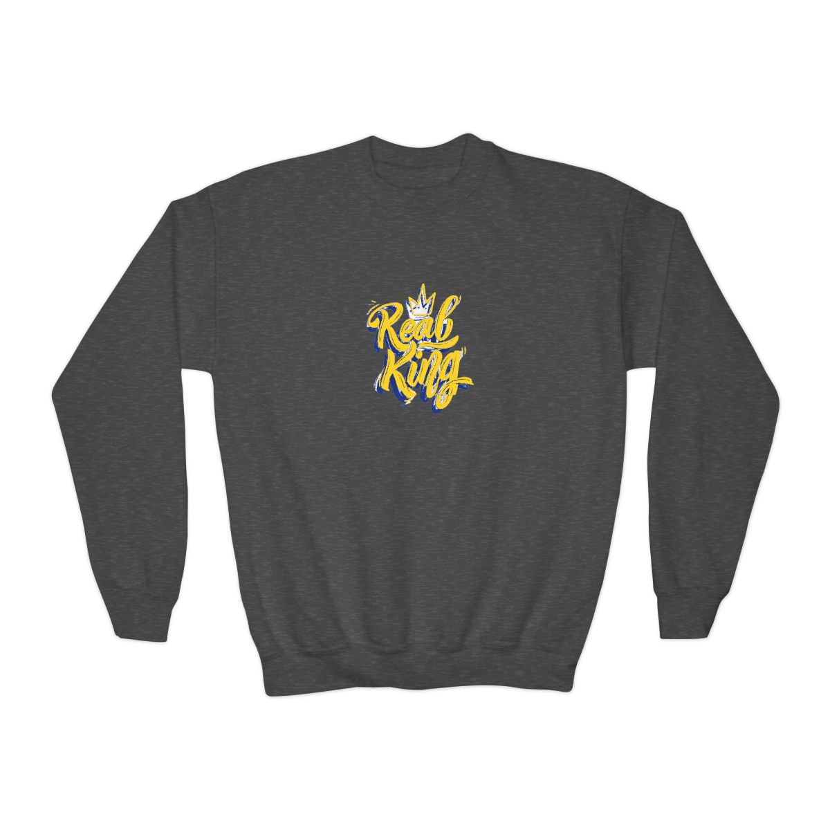 A light blue with the words "Real King" in yellow script and a blue outline, along with a yellow crown graphic. The shirt is a crew neck style (Kids) - alternate angle 4, merchandise