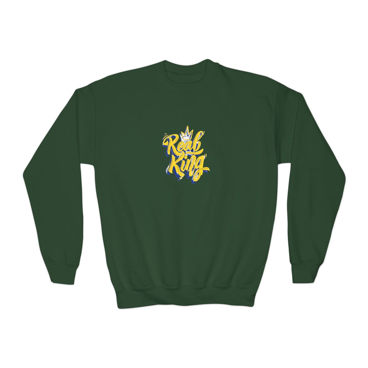 A light blue with the words "Real King" in yellow script and a blue outline, along with a yellow crown graphic. The shirt is a crew neck style (Kids) - alternate angle 5, merchandise