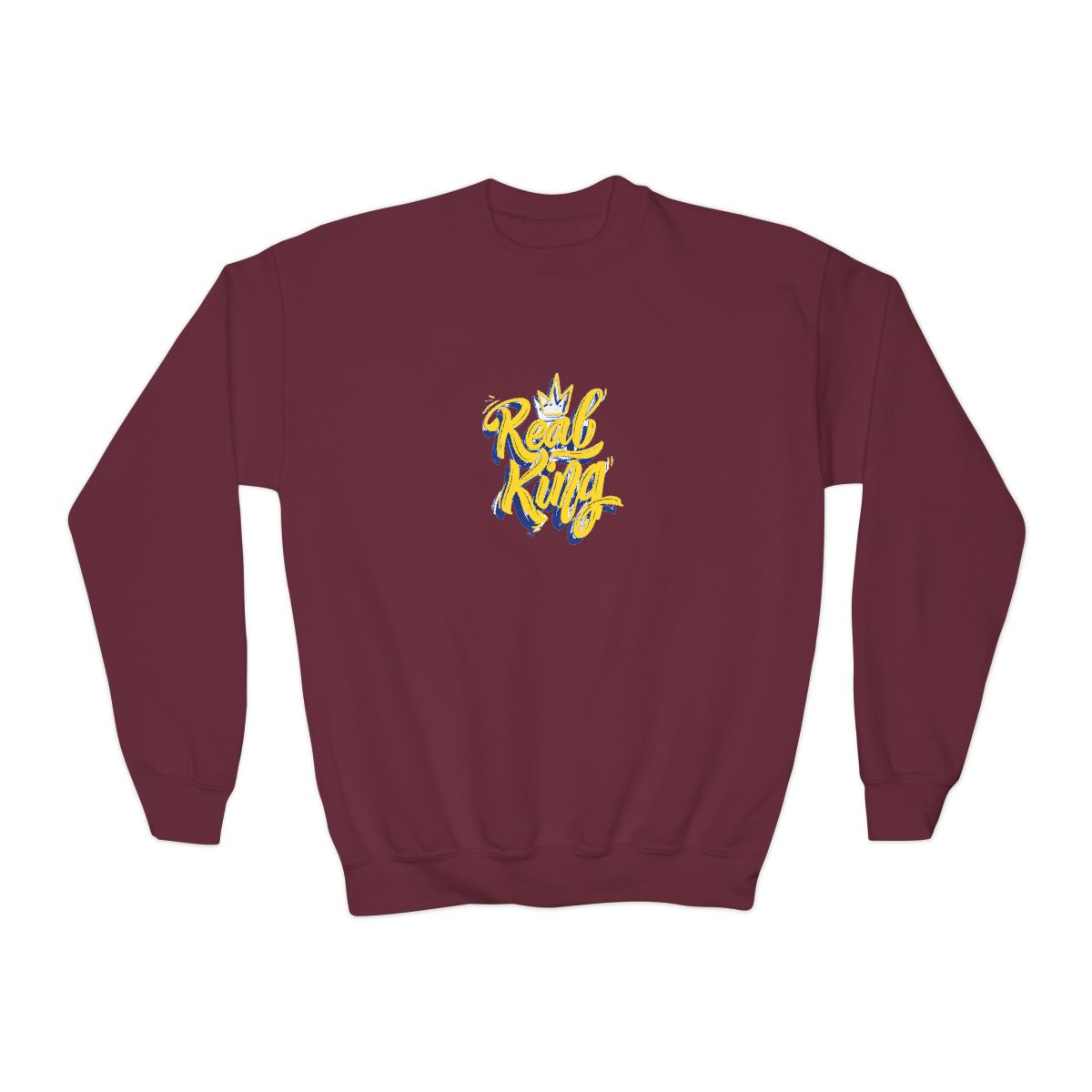 A light blue with the words "Real King" in yellow script and a blue outline, along with a yellow crown graphic. The shirt is a crew neck style (Kids) - alternate angle 4, merchandise