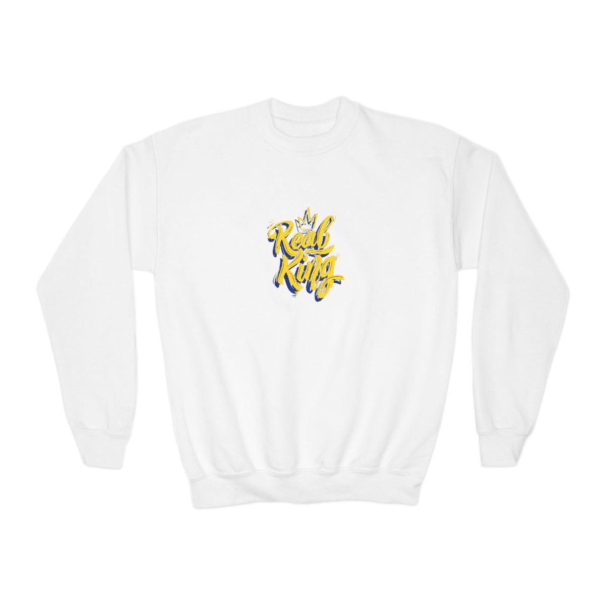 A light blue with the words "Real King" in yellow script and a blue outline, along with a yellow crown graphic. The shirt is a crew neck style (Kids) - alternate angle 2, merchandise