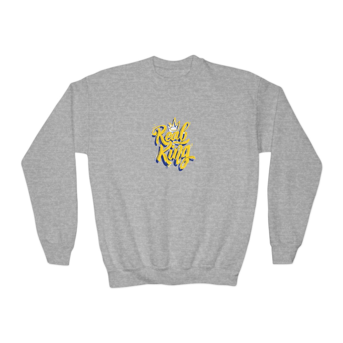 A light blue with the words "Real King" in yellow script and a blue outline, along with a yellow crown graphic. The shirt is a crew neck style (Kids) - alternate angle 3, merchandise