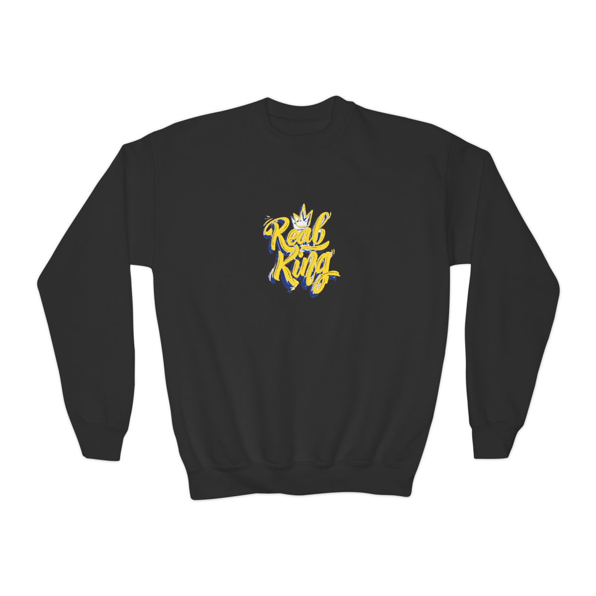 A light blue with the words "Real King" in yellow script and a blue outline, along with a yellow crown graphic. The shirt is a crew neck style (Kids)